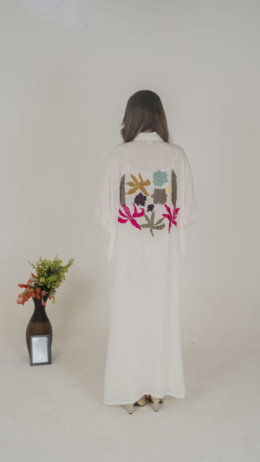 Luxe Appliqué Embroidered Long Shirt in Soft Grip Fabric (White)