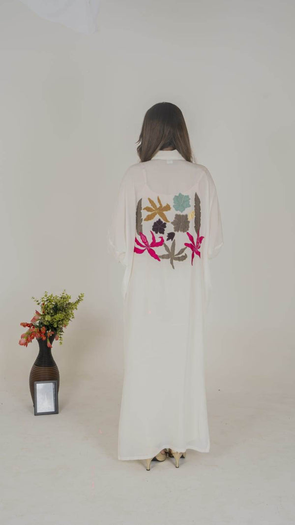 Luxe Appliqué Embroidered Long Shirt in Soft Grip Fabric (White) - Muze London