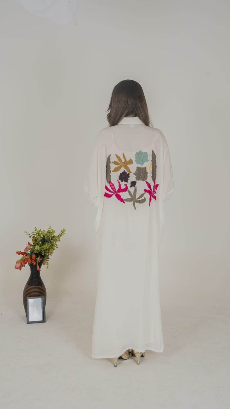 Luxe Appliqué Embroidered Long Shirt in Soft Grip Fabric (White) - Muze London