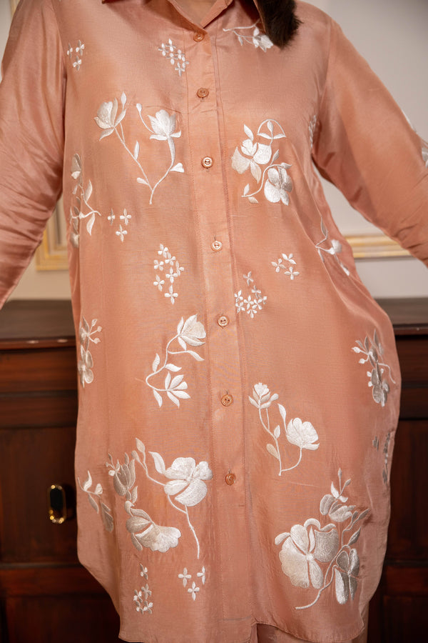Blush Petal Charm – Embroidered Silk Co-ord Set - Muze London