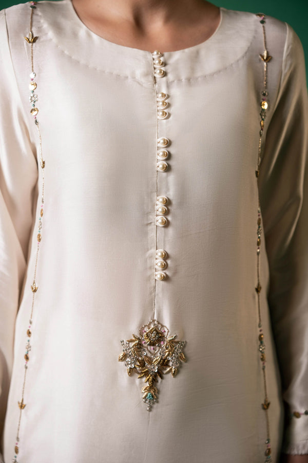 Tehzeeb Élan – Ivory Mukesh Handcrafted Silk Ensemble - Muze London