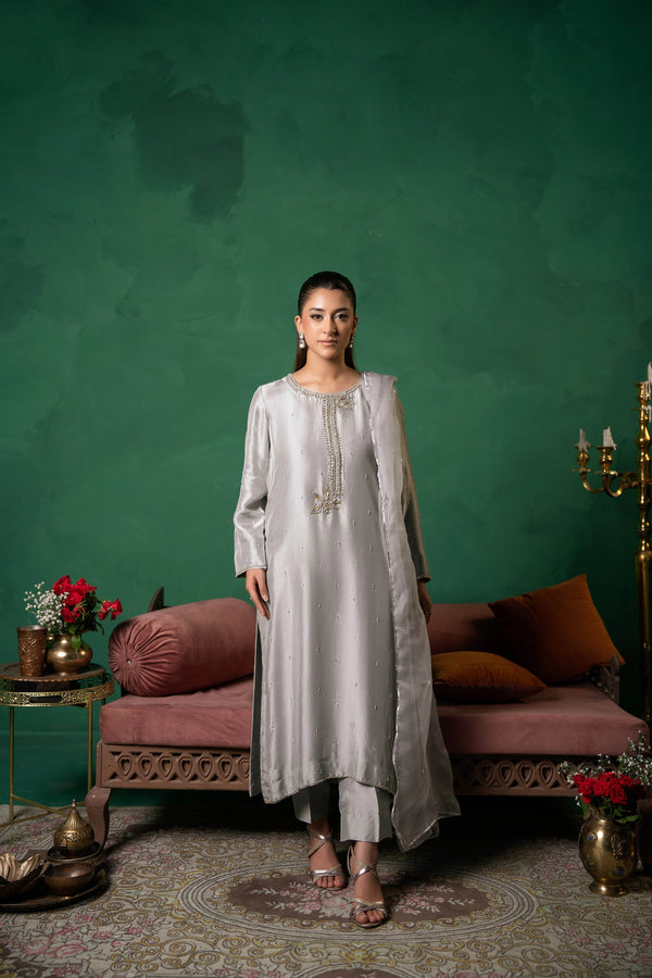 Moonlit Grace – Handcrafted Grey Formal Ensemble - Muze London