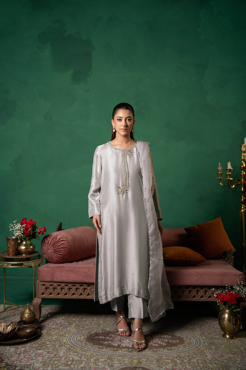 Moonlit Grace – Handcrafted Grey Formal Ensemble - Muze London