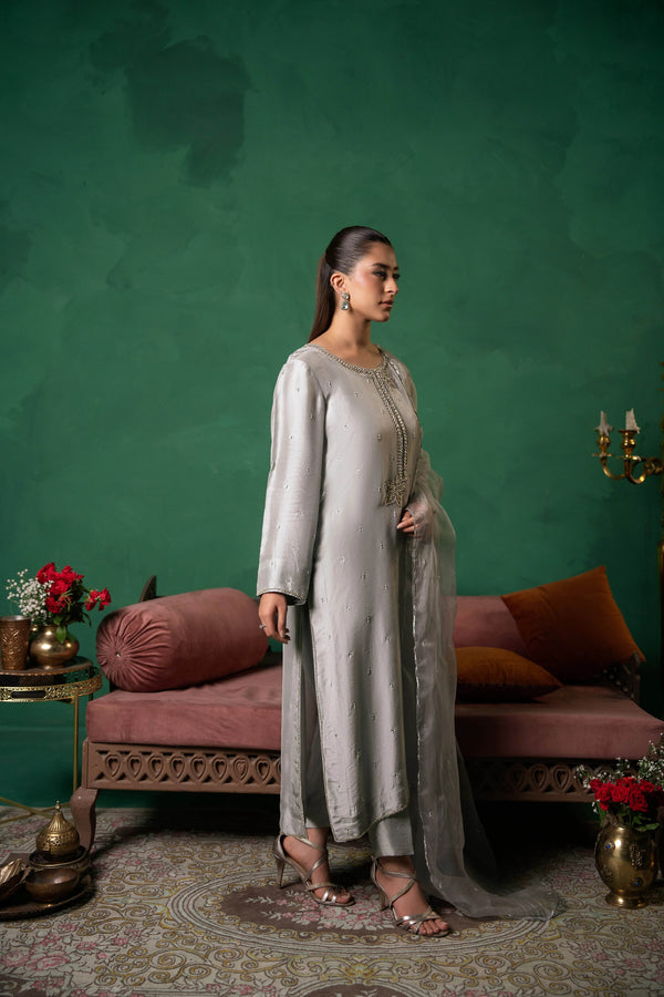 Moonlit Grace – Handcrafted Grey Formal Ensemble - Muze London