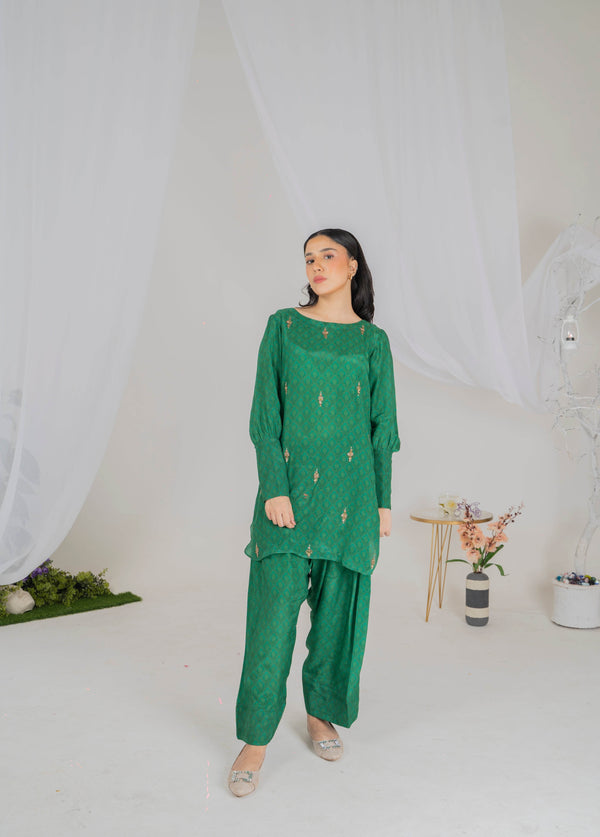 Emerald Green 3-Piece Silk Luxury Pret with Handmade Embellishments - Muze London