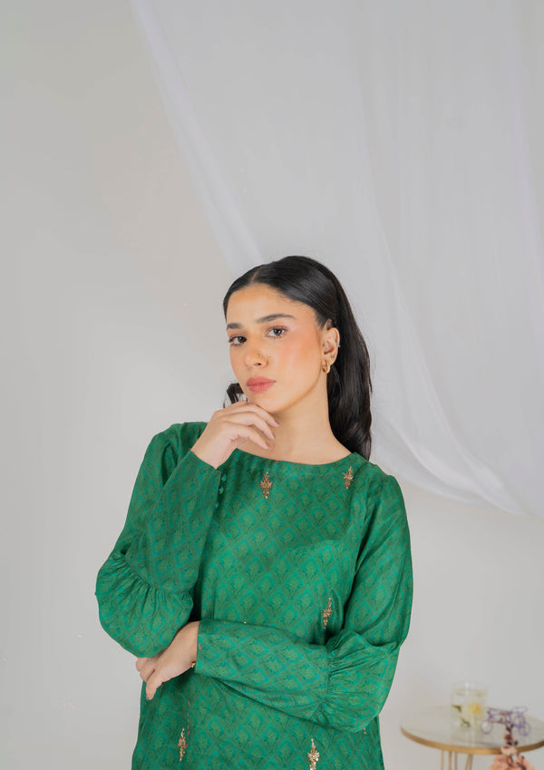 Emerald Green 3-Piece Silk Luxury Pret with Handmade Embellishments - Muze London