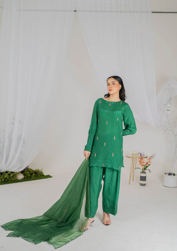 Emerald Green 3-Piece Silk Luxury Pret with Handmade Embellishments - Muze London