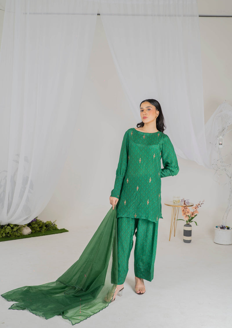 Emerald Green 3-Piece Silk Luxury Pret with Handmade Embellishments - Muze London