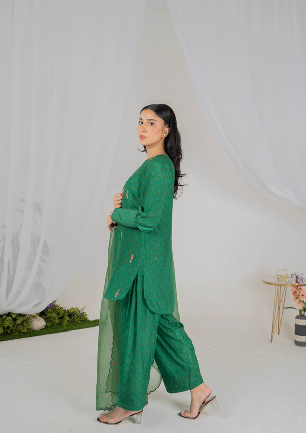 Emerald Green 3-Piece Silk Luxury Pret with Handmade Embellishments - Muze London