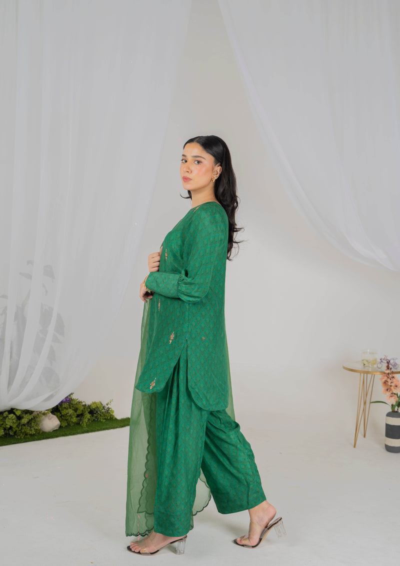 Emerald Green 3-Piece Silk Luxury Pret with Handmade Embellishments - Muze London