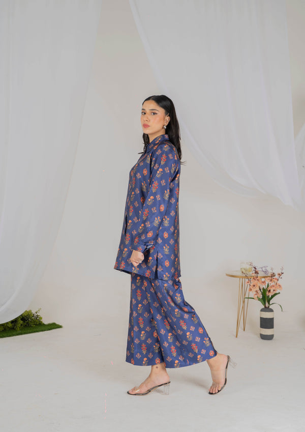 Navy Floral Silk Coord Set - Muze London