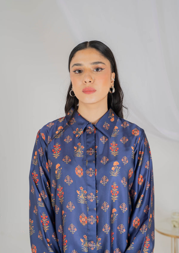 Navy Floral Silk Coord Set - Muze London