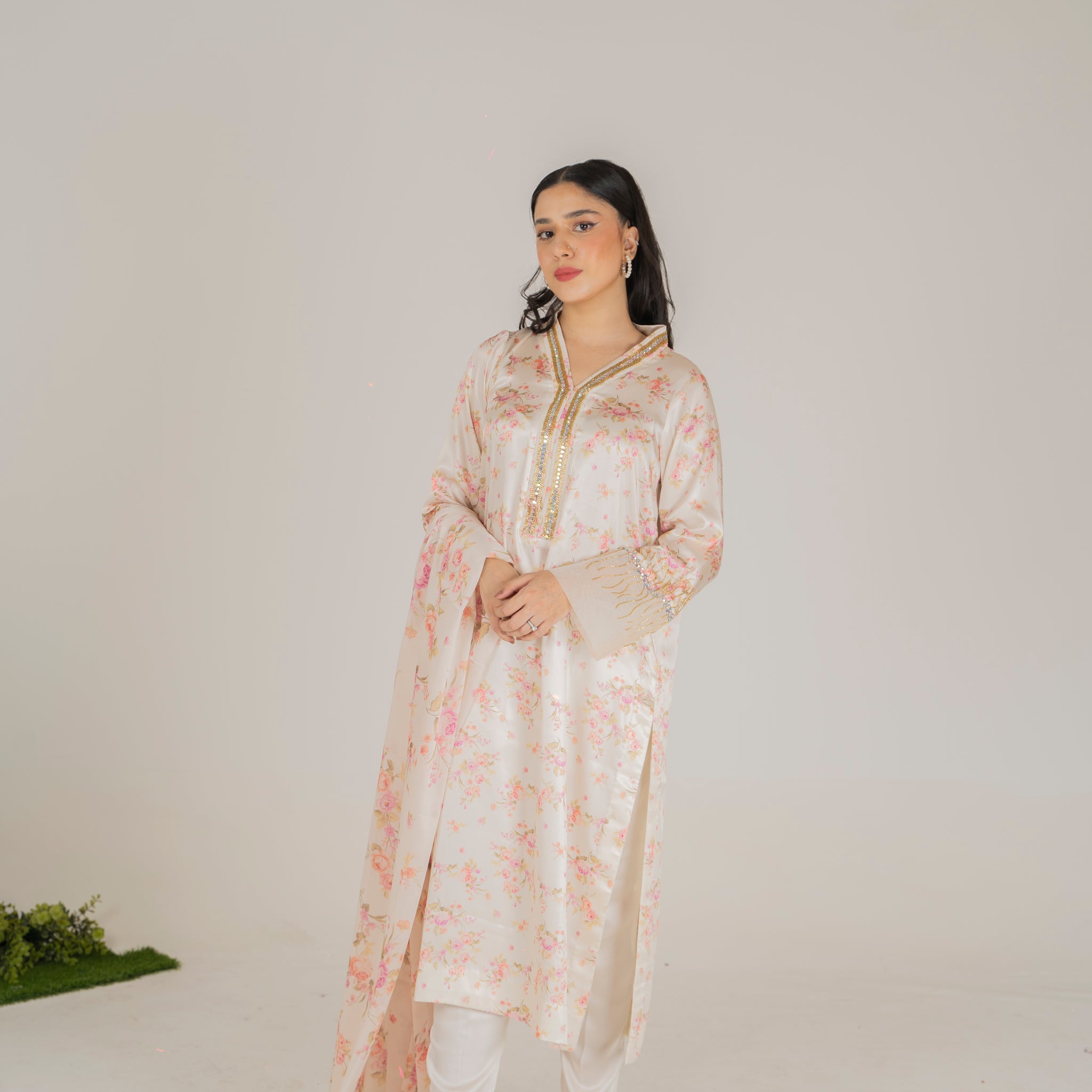 Blush Pink 3-Piece Luxury Silk Set with Sequin-Embellished Neckline and Floral Dupatta