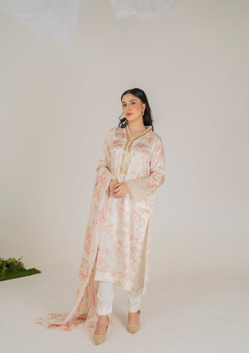 Blush Pink 3-Piece Luxury Silk Set with Sequin-Embellished Neckline and Floral Dupatta