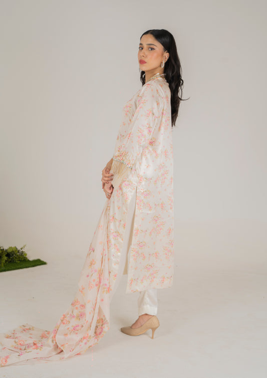 Blush Pink 3-Piece Luxury Silk Set with Sequin-Embellished Neckline and Floral Dupatta