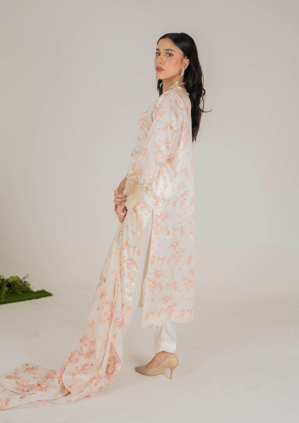 Blush Pink 3-Piece Luxury Silk Set with Sequin-Embellished Neckline and Floral Dupatta - Muze London