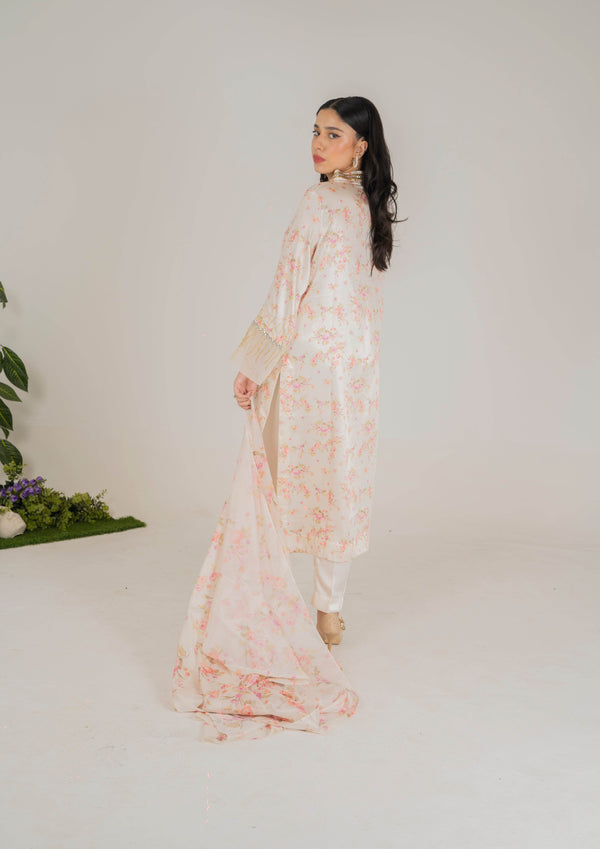 Blush Pink 3-Piece Luxury Silk Set with Sequin-Embellished Neckline and Floral Dupatta - Muze London