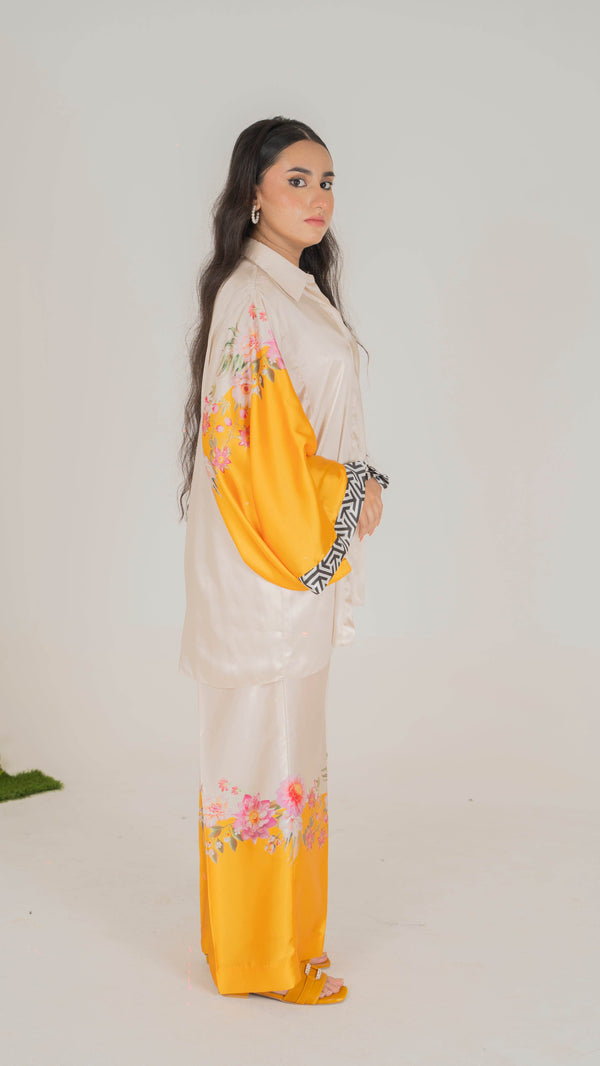 Luxe Floral Silk Kaftan Set with Bold Yellow Accents - Muze London