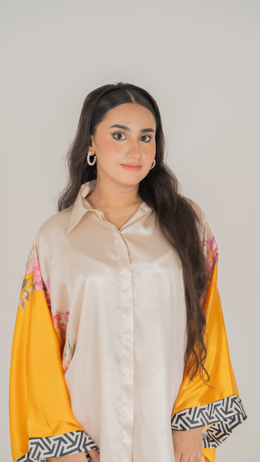 Luxe Floral Silk Kaftan Set with Bold Yellow Accents