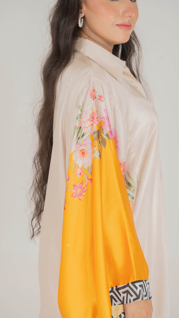 Luxe Floral Silk Kaftan Set with Bold Yellow Accents - Muze London