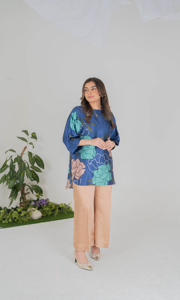 Elegant Floral Printed Silk Pret with Beige Trousers - Muze London