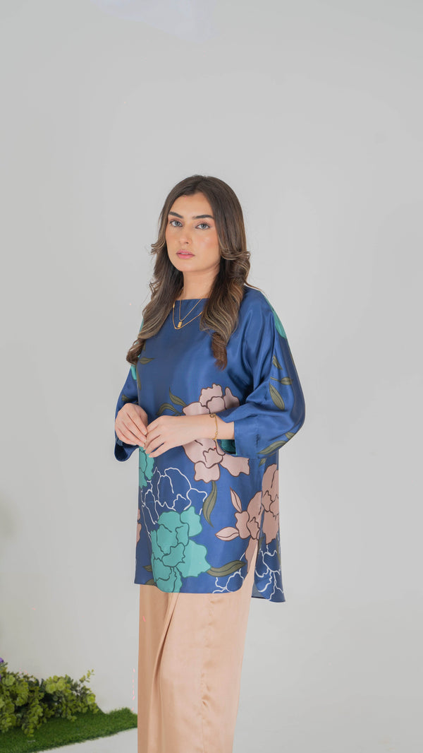 Elegant Floral Printed Silk Pret with Beige Trousers - Muze London