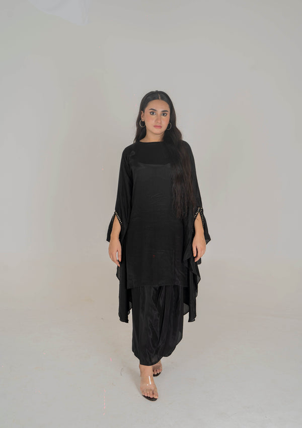 Midnight Black Dhoti-Style Pret Set in Grip - Muze London