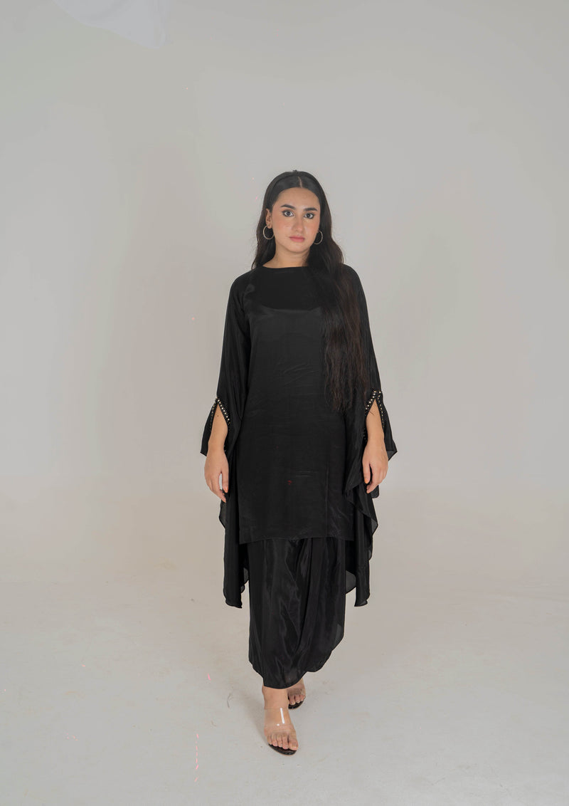 Midnight Black Dhoti-Style Pret Set in Grip - Muze London