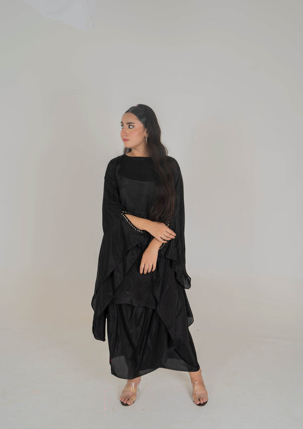 Midnight Black Dhoti-Style Pret Set in Grip - Muze London