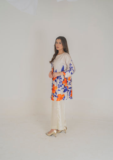 Vibrant Floral Printed Silk Pret – Bold Orange and Blue Blooms