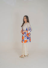 Vibrant Floral Printed Silk Pret – Bold Orange and Blue Blooms - Muze London