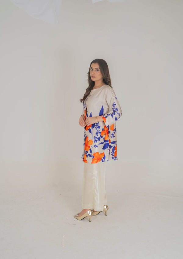 Vibrant Floral Printed Silk Pret – Bold Orange and Blue Blooms - Muze London