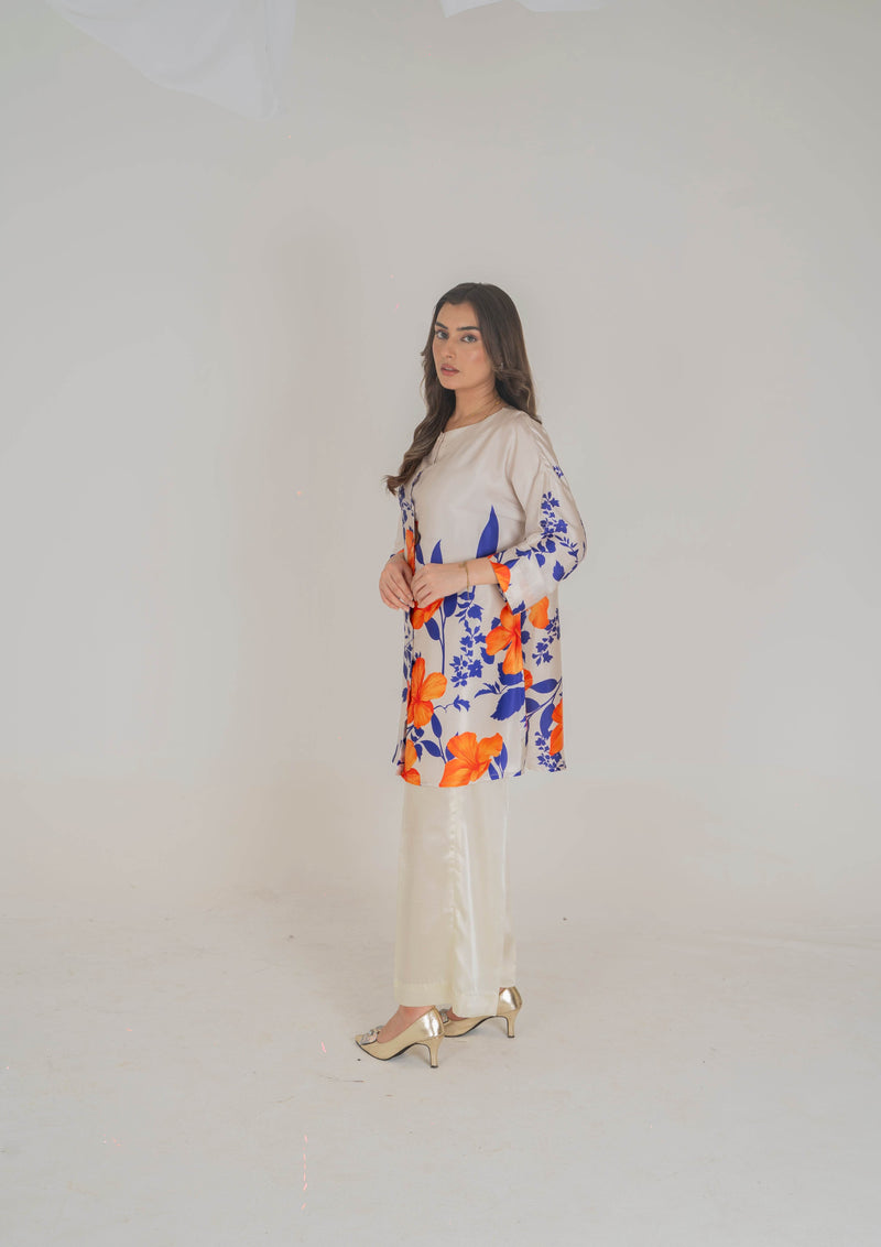 Vibrant Floral Printed Silk Pret – Bold Orange and Blue Blooms - Muze London