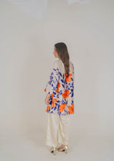 Vibrant Floral Printed Silk Pret – Bold Orange and Blue Blooms - Muze London