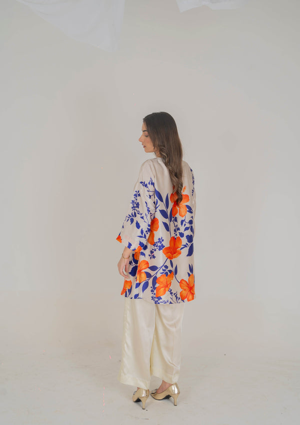 Vibrant Floral Printed Silk Pret – Bold Orange and Blue Blooms - Muze London