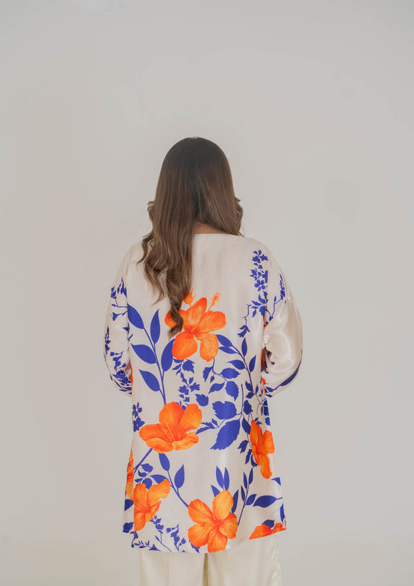 Vibrant Floral Printed Silk Pret – Bold Orange and Blue Blooms - Muze London