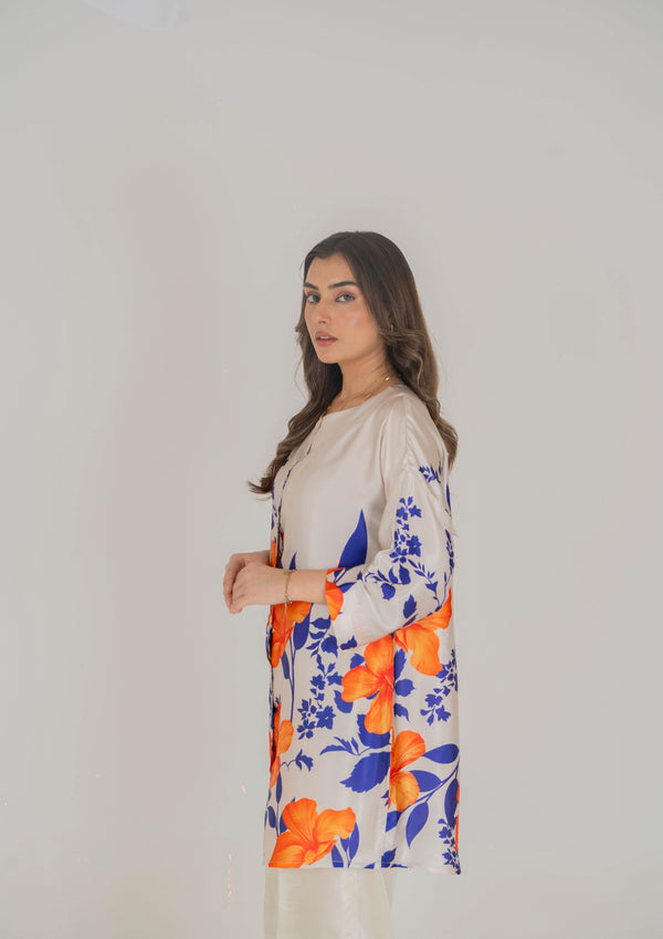 Vibrant Floral Printed Silk Pret – Bold Orange and Blue Blooms - Muze London