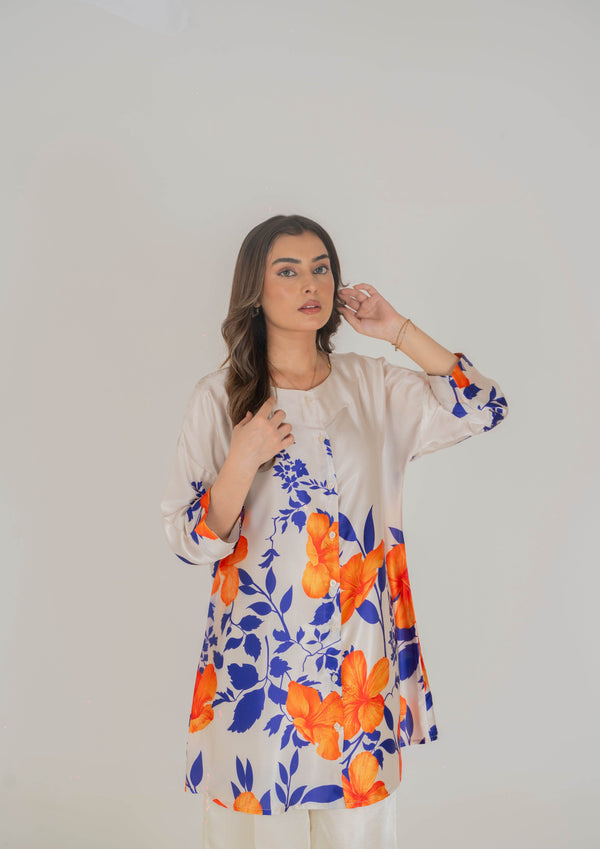 Vibrant Floral Printed Silk Pret – Bold Orange and Blue Blooms - Muze London