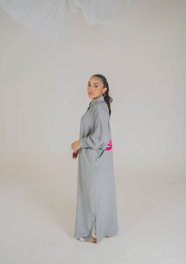 Luxe Appliqué Embroidered Long Shirt in Soft Grip Fabric (Grey) - Muze London