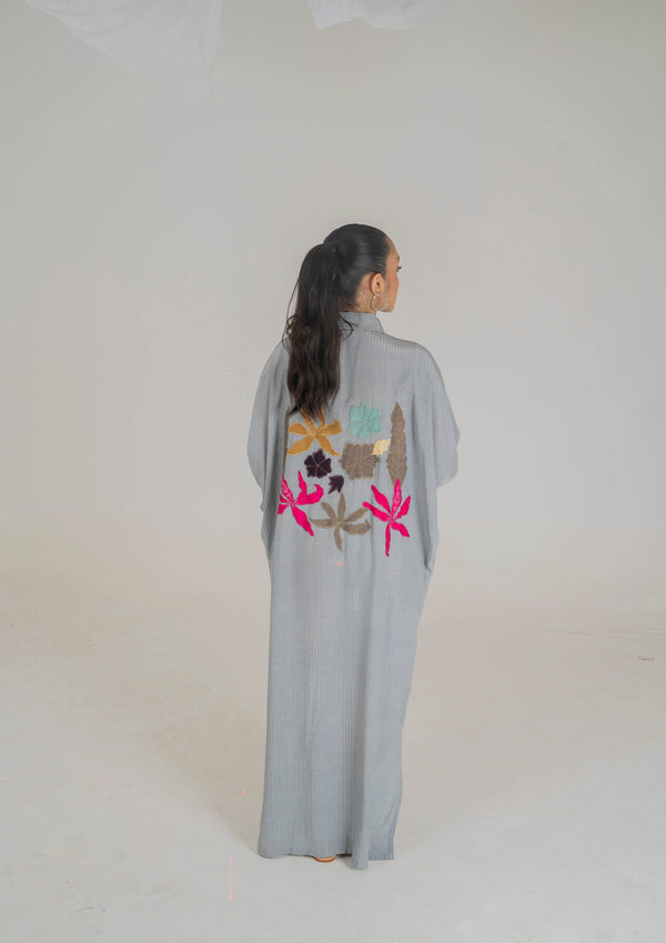 Luxe Appliqué Embroidered Long Shirt in Soft Grip Fabric (Grey) - Muze London