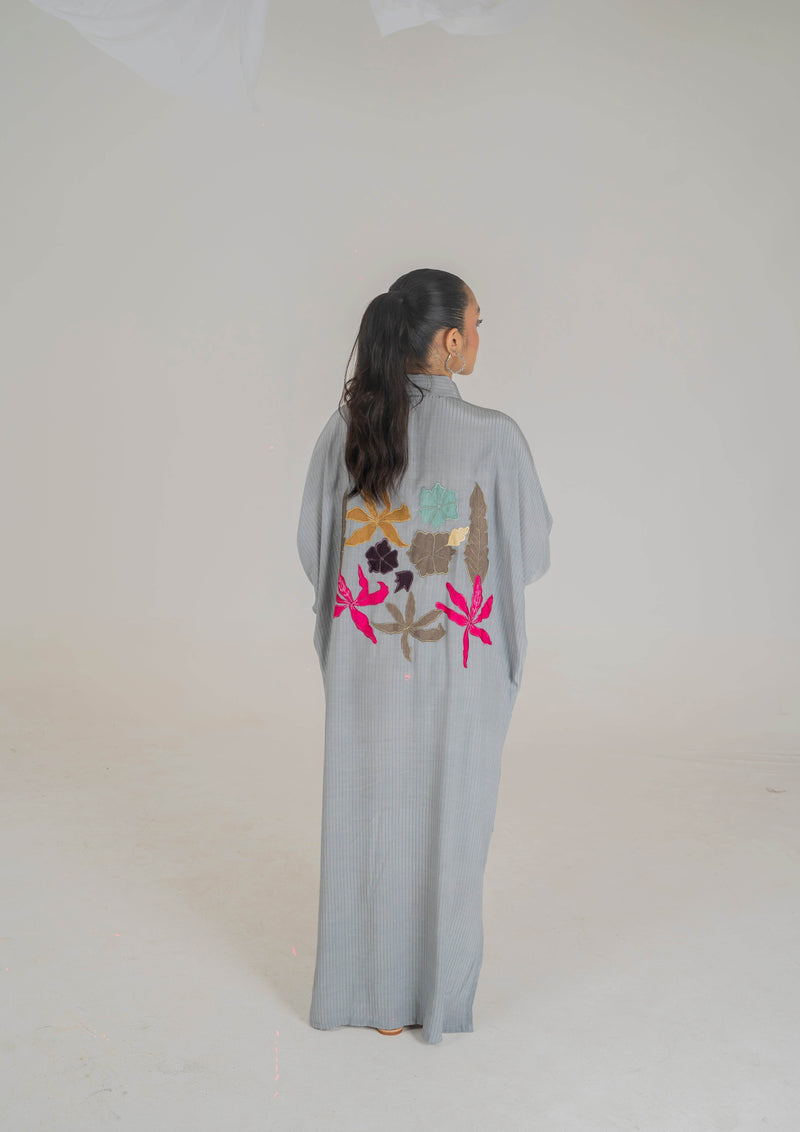 Luxe Appliqué Embroidered Long Shirt in Soft Grip Fabric (Grey) - Muze London
