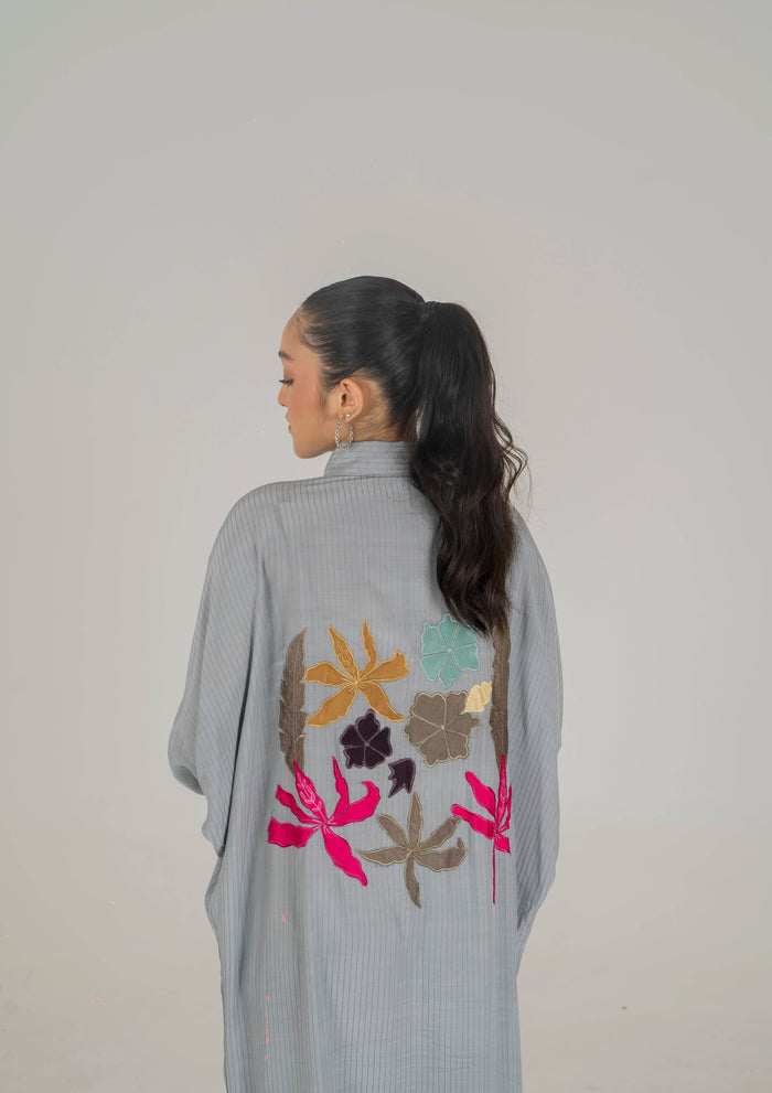 Luxe Appliqué Embroidered Long Shirt in Soft Grip Fabric (Grey) - Muze London