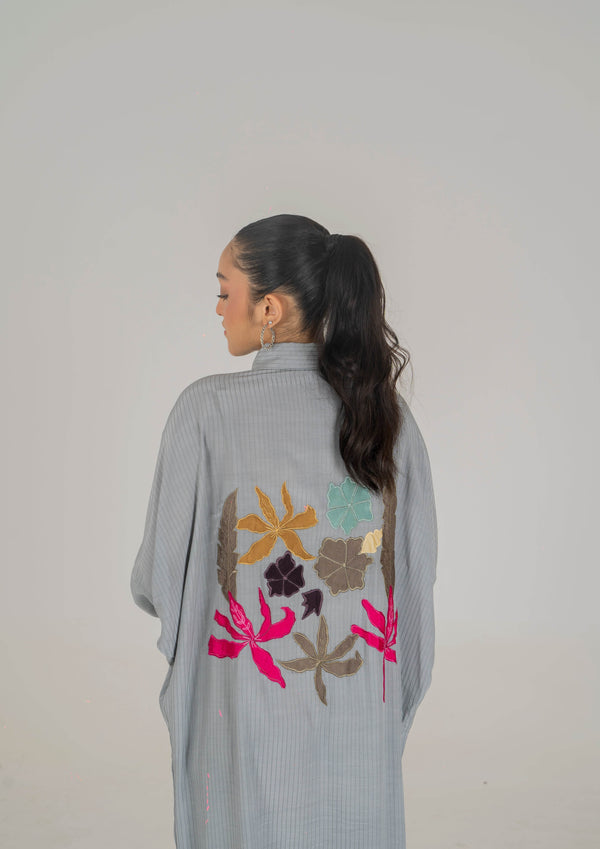Luxe Appliqué Embroidered Long Shirt in Soft Grip Fabric (Grey) - Muze London