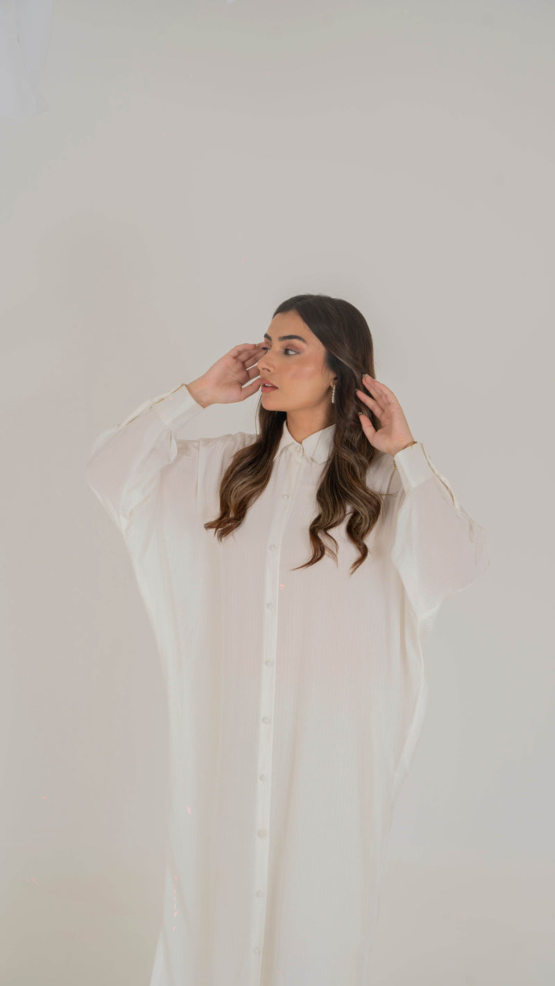 Luxe Appliqué Embroidered Long Shirt in Soft Grip Fabric (White) - Muze London