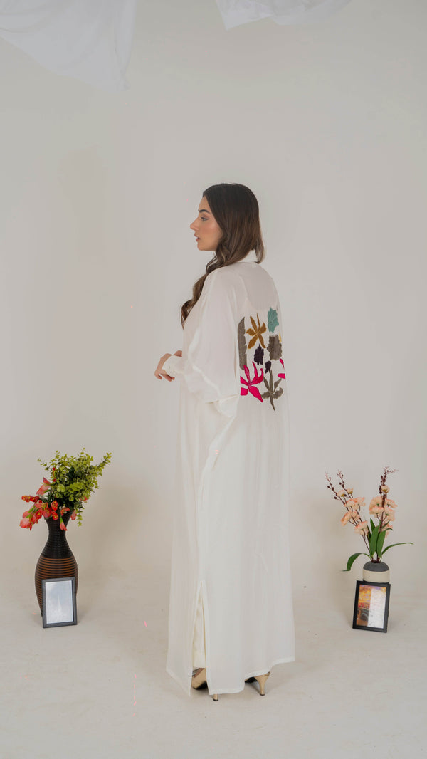 Luxe Appliqué Embroidered Long Shirt in Soft Grip Fabric (White) - Muze London