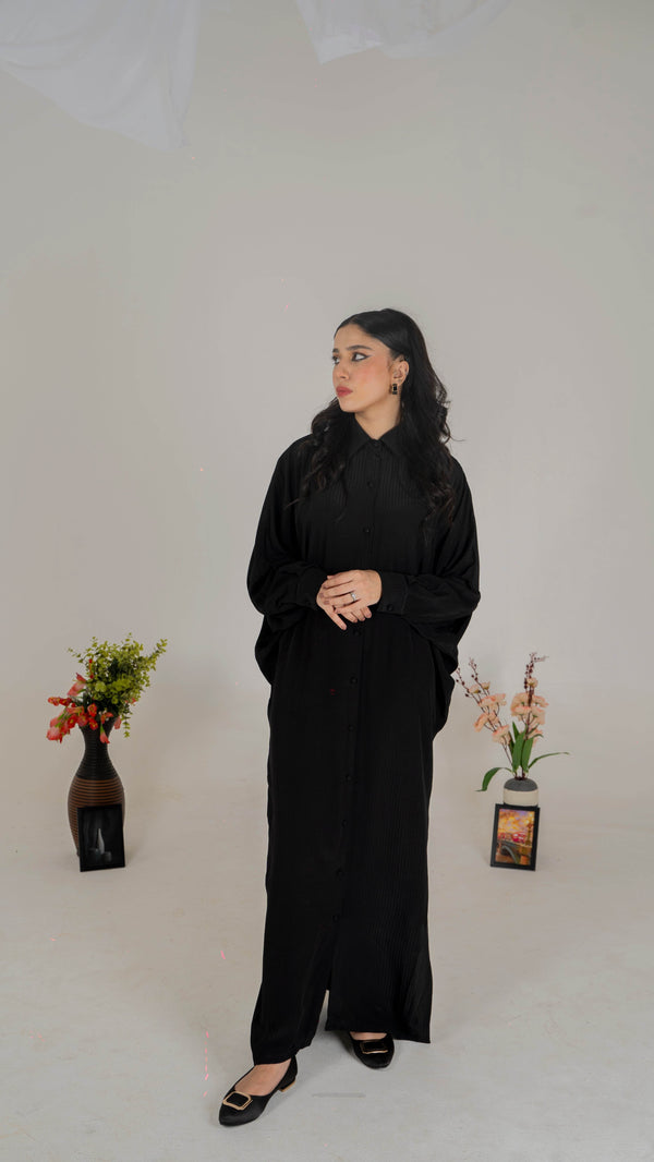 Luxe Appliqué Embroidered Long Shirt in Soft Grip Fabric (Black) - Muze London
