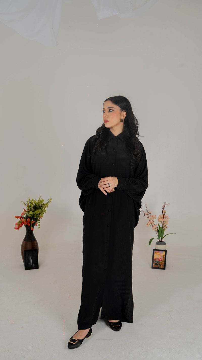 Luxe Appliqué Embroidered Long Shirt in Soft Grip Fabric (Black) - Muze London