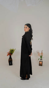 Luxe Appliqué Embroidered Long Shirt in Soft Grip Fabric (Black) - Muze London