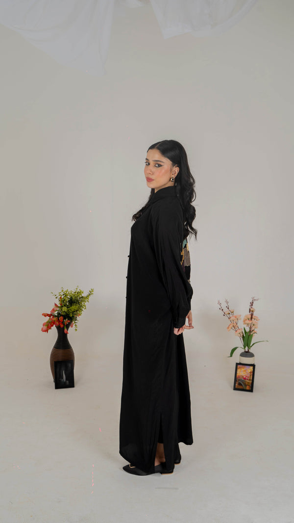 Luxe Appliqué Embroidered Long Shirt in Soft Grip Fabric (Black) - Muze London