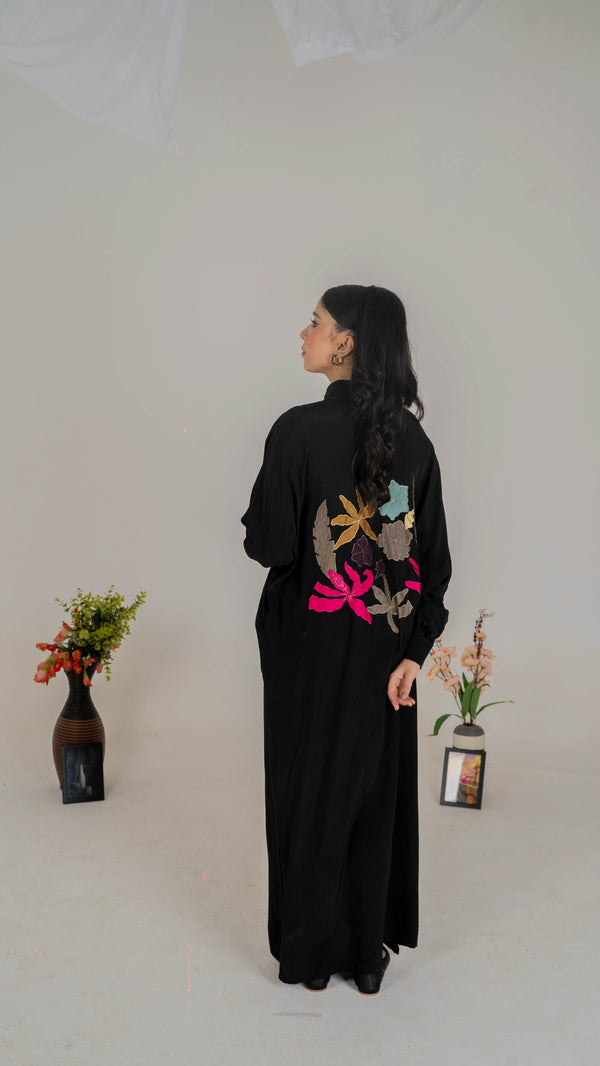 Luxe Appliqué Embroidered Long Shirt in Soft Grip Fabric (Black) - Muze London